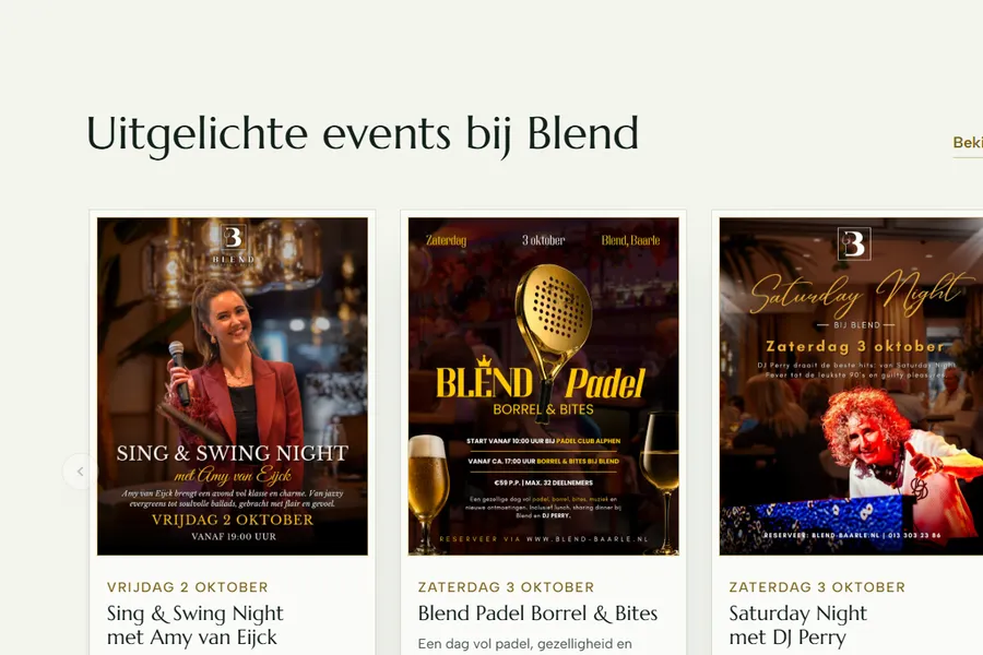 De uitgelichte avonden met hun posters, direct onder de opening