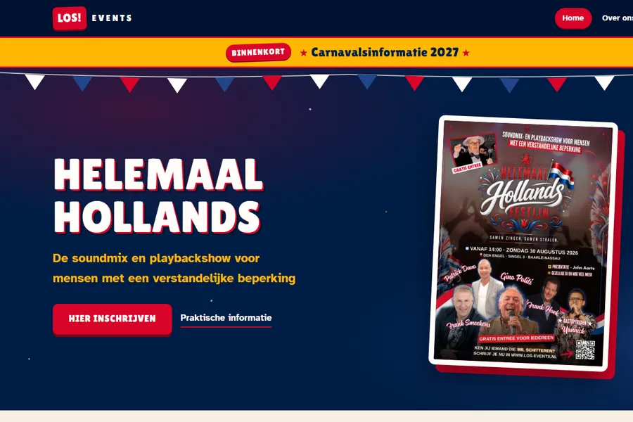 De gele balk bovenaan de site met de aankondiging van carnaval 2027