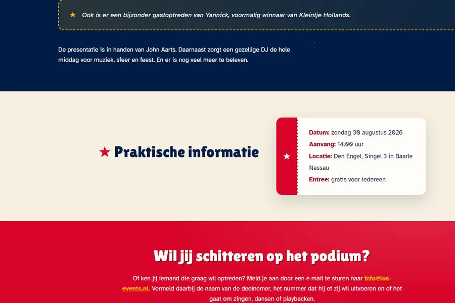 Het blok met praktische informatie, vormgegeven als een toegangskaartje