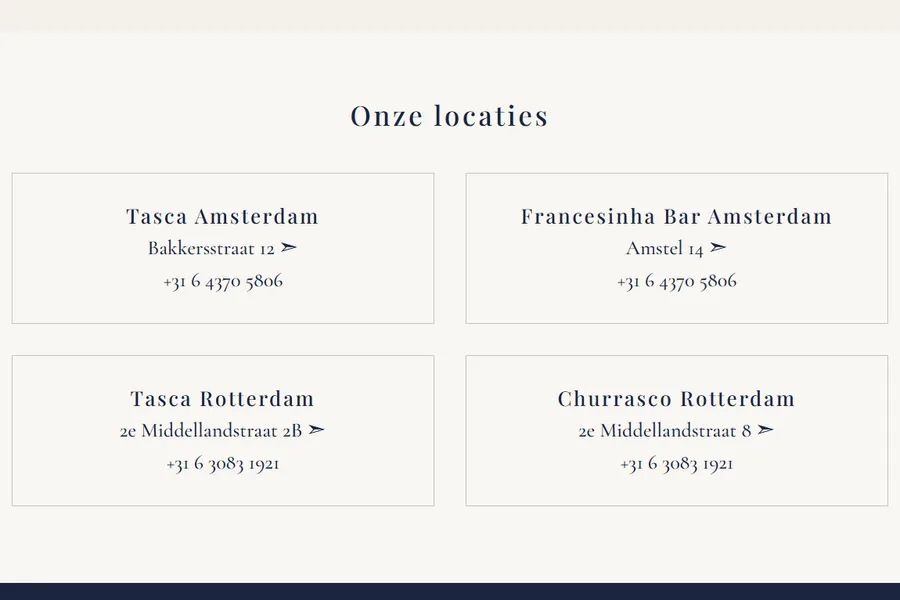De vier locaties met per zaak het adres en het telefoonnummer